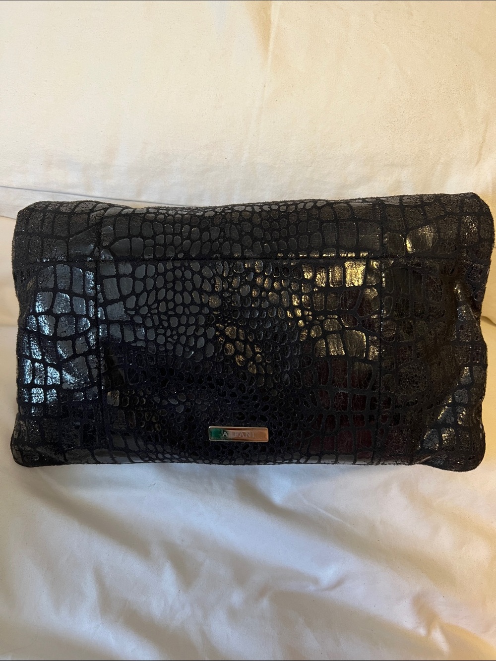 Alfani Black Croc-like fabric Foldover Clutch with Logo Plate